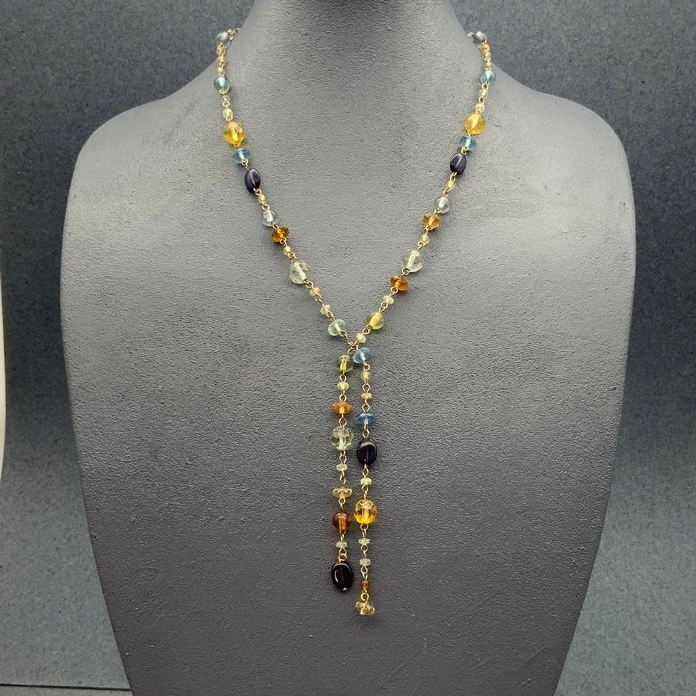 Blue Amber Clear Necklace Double Dangle Silver